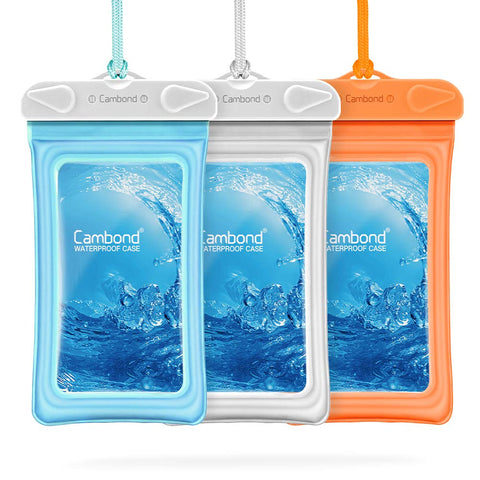 Waterproof Case, 3 Pack Cambond Universal Floating Waterproof Phone Case iPhone Waterproof Pouch Cell Phone Dry Bag Transparent PVC with Durable Lanyard for Device up to 6.5 inch, Blue White Orange