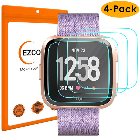 EZCO Compatible Fitbit Versa & Versa Lite Edition Screen Protector (4-Pack), Waterproof Tempered Glass Screen Protector Cover Saver Compatible Fitbit Versa Smart Watch Scratch Resist Anti-Bubble