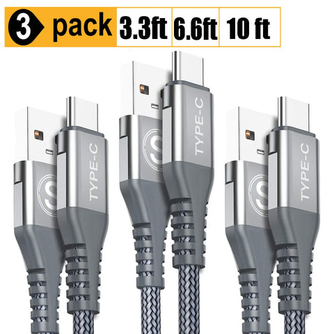 USB Type C Cable,Sweguard 3-Pack (3.3ft+6.6ft+10ft) USB A to USB-C Fast Charger Nylon Braided Cord for Samsung Galaxy S8 S9 S10 Plus Note 9 8,Google Pixel 2 3 XL,LG G7 V20 V30,Moto Z3 Z4 Z Z2(Grey)