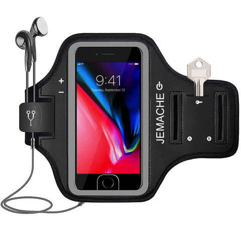 iPhone 7/8 Plus Armband, JEMACHE Gym Running Workout Arm Band Case for iPhone 6/6S/8/7 Plus - Exercise Pouch Phone Holder, Fingerprint Access (Black)