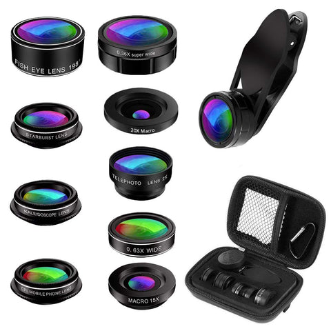 Phone Camera Lens Kit, 9 in 1 Zoom Universal Telephoto Lens+198° Fisheye lens + 0.36 Super Wide Angle Lens + 0.63X Wide Lens +20X Macro Lens + 15X Macro Lens + CPL + Kaleidoscope Lens + Starburst Lens