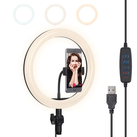 LED Ring Light 10" with Cell Phone Holder, Makeup Ring Light Dimmable 3 Light Modes Temperature 3000K-5000K for Streaming, YouTube Video Shooting, Photography Lighting(Without Stand)