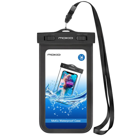 MoKo Waterproof Phone Pouch, Underwater Waterproof CellPhone Case Dry Bag with Lanyard Armband Compatible with iPhone X/Xs/Xr/Xs Max, 8/7/6s Plus, Samsung Galaxy S10/S9/S8 Plus, S10 e, S7 edge, Black