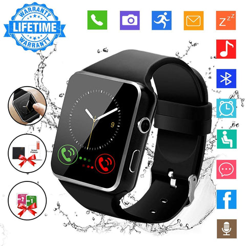 Smart Watch,Bluetooth Smartwatch Touch Screen Wrist Watch with Camera/SIM Card Slot,Waterproof Phone Smart Watch for Men Women Sports Fitness Tracker Compatible Android Phones Samsung Huawei Black