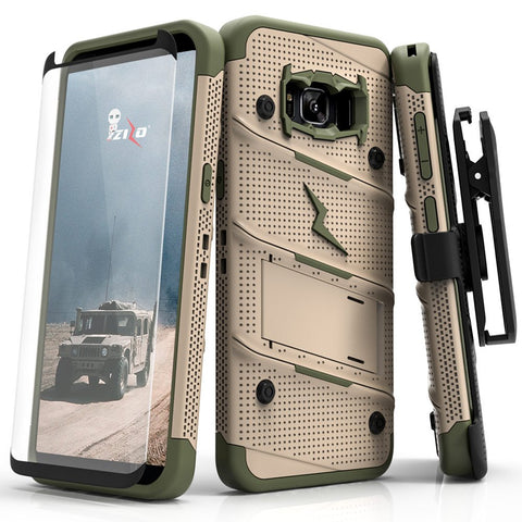 Zizo Bolt Series Compatible with Samsung Galaxy S8 Case Military Grade Drop Tested with Tempered Glass Screen Protector, Holster Desert TAN CAMO Green