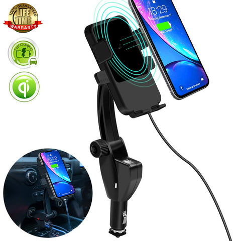 Cigarette Lighter Wireless Car Charger,[10W Qi Wireless Fast Charge]Phone Holder Compatible for Samsung Galaxy S10+ Plus/S9/Note9 and iPhone X/XR/XS Max/Qi-Enabled Phone,Dual USB Charger for Any Phone