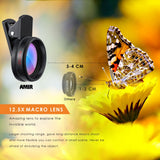 AMIR Phone Camera Lens, 0.45X Super Wide Angle Lens + 12.5X Macro Lens, Clip-On 2 in 1 Professional for iPhone Lens Kit for iPhone 8, X/7, 6/6 Plus/5s, Samsung & Smartphones