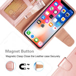 Arae Case for iPhone X/Xs, Premium PU Leather Wallet Case [Wrist Straps] Flip Folio [Kickstand Feature] with ID&Credit Card Pockets for iPhone X (2017) / Xs (2018) 5.8" (not for Xr) - Rose Gold